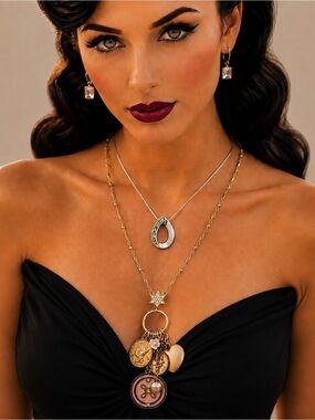 🛍️ Lia Sophia Green Teardrop Necklace & CABI Gold Coin Charm Necklace | Set 2